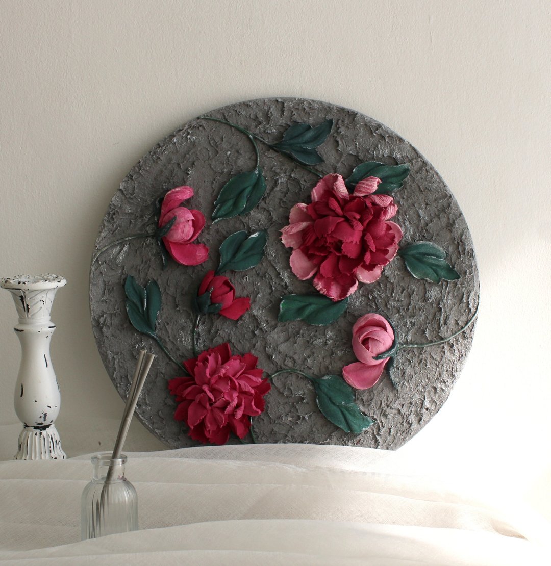 Peonies 3d painting, textured floral wall art, sculpture painting - 墙贴/壁贴 - 其他金属 