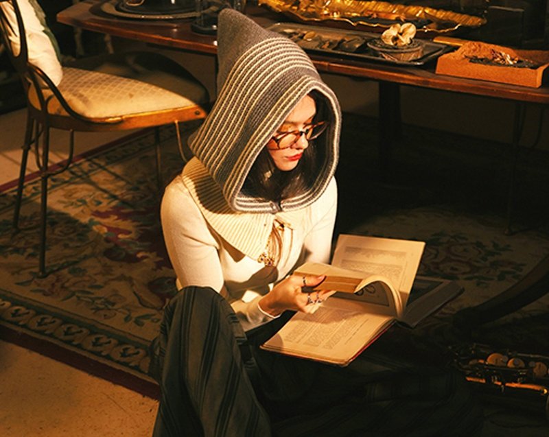 【灰姑娘】童话系列 条纹/针织/尖顶围脖帽 - 帽子 - 羊毛 灰色