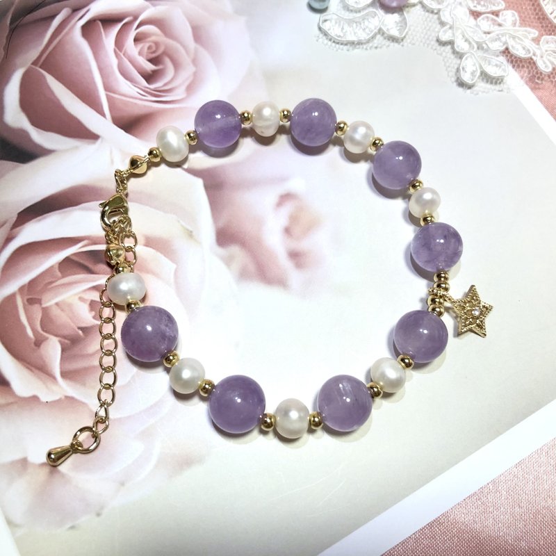 14K包金 淡水珍珠 薰衣草紫晶 天然水晶 定制化 手链 - 手链/手环 - 水晶 紫色