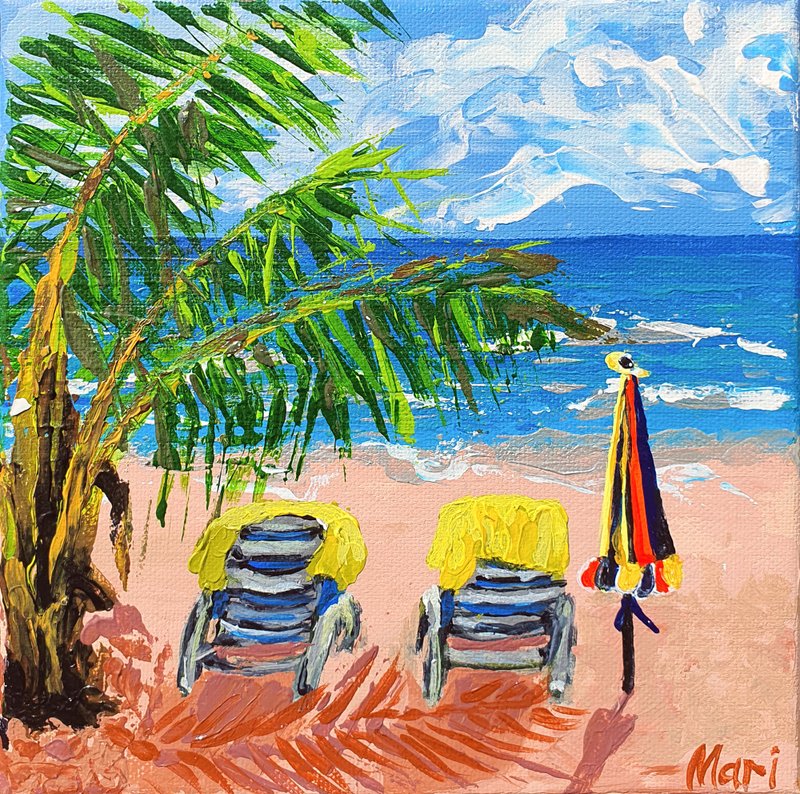 海滩伞绘画躺椅海景躺椅假期躺椅 - 海报/装饰画/版画 - 其他材质 多色