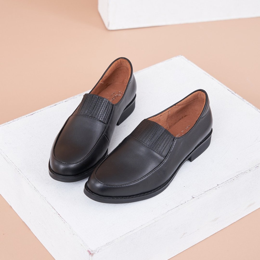MIT真皮减压素面条纹松紧带平底乐福鞋 黑色 23.5-27.5cm - 女款牛津鞋/乐福鞋 - 真皮 黑色