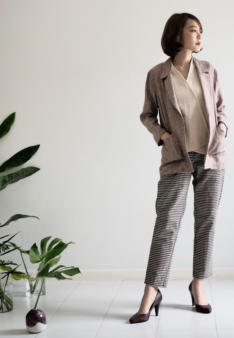 After The Rain Long Sleeve Blazer Tan Color Linen - 女装衬衫 - 棉．麻 咖啡色