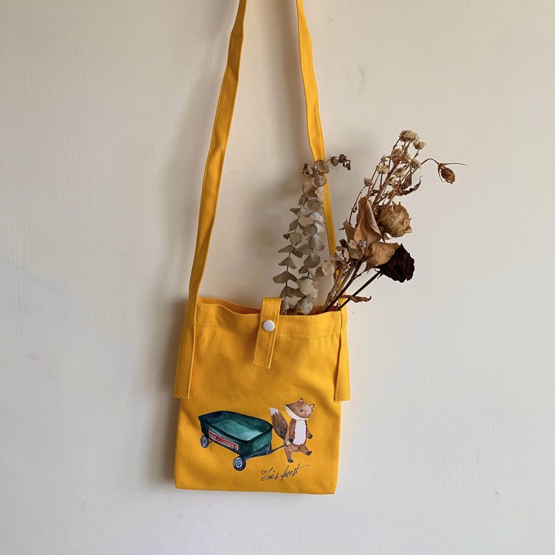 Zoesforest森林小狐狸古物推车斜背小包-黄色 - 侧背包/斜挎包 - 棉．麻 黄色