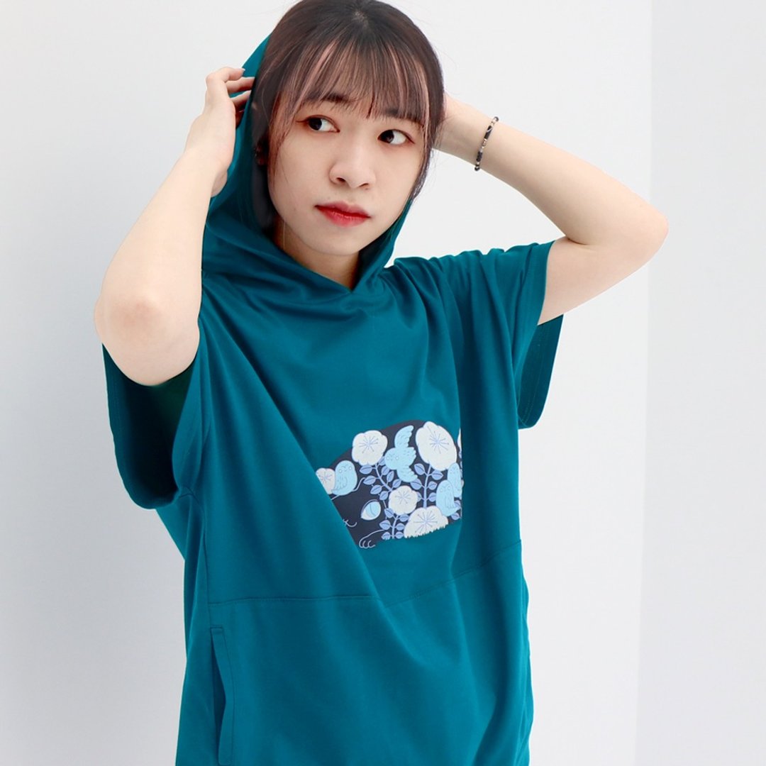 喵呜呜 - 短袖帽t 猫头鹰 - 女装 T 恤 - 棉 蓝色