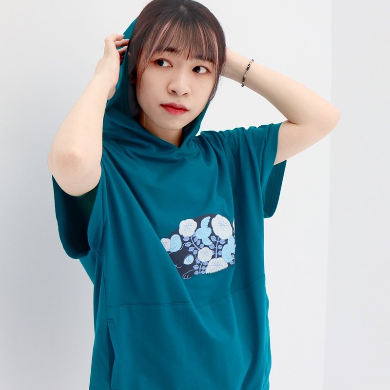 喵呜呜 - 短袖帽t 猫头鹰 - 女装 T 恤 - 棉．麻 蓝色
