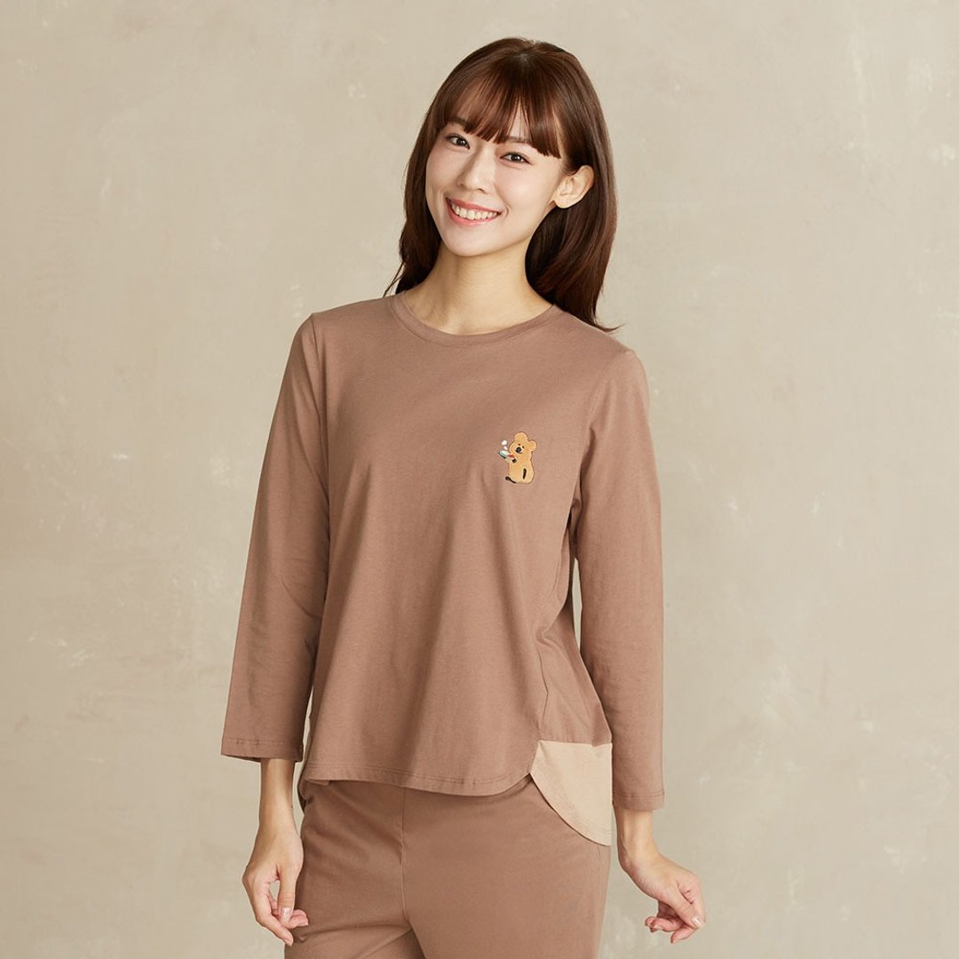 DINOTAENG | 早餐绣花剪接上衣-可可棕 - 女装 T 恤 - 棉 咖啡色