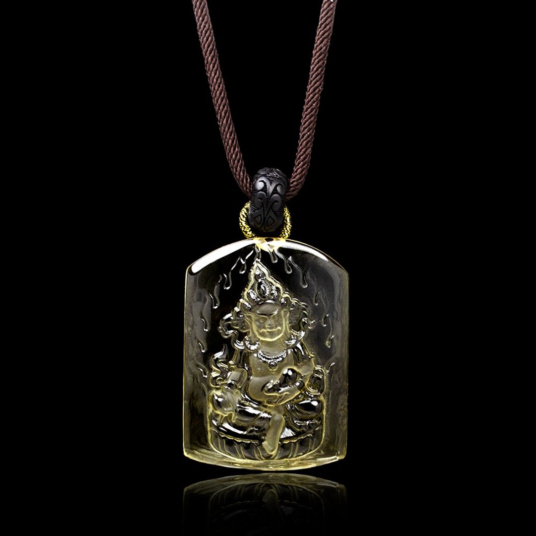 黄水晶 顶级冰种黄财神吊坠 37g 黄水晶吊坠 特制棉绳 - 项链 - 水晶 黄色