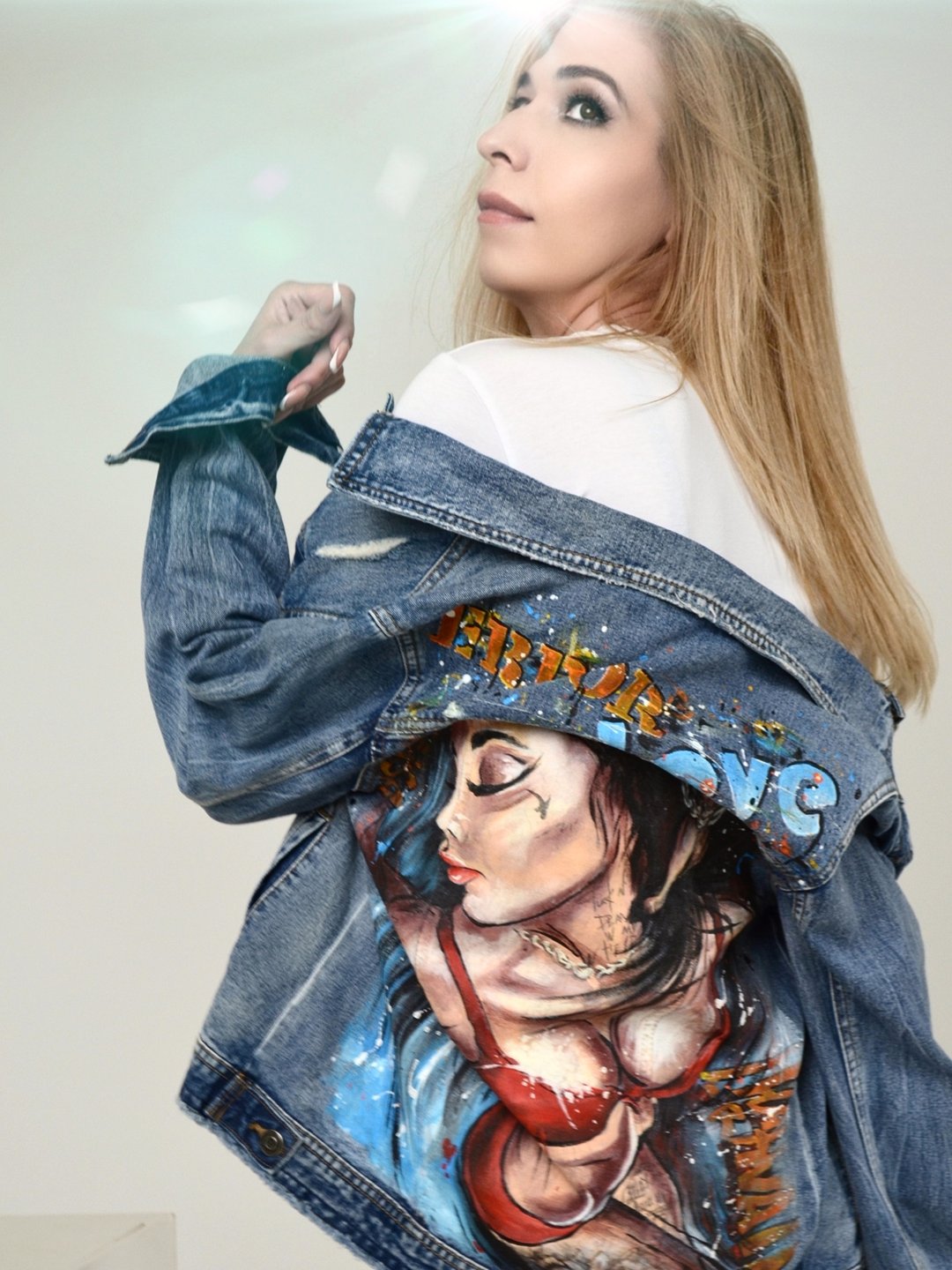 定制夹克性感女孩。手绘夹克牛仔。个性化夹克牛仔裤 - 女装休闲/机能外套 - 棉．麻 蓝色