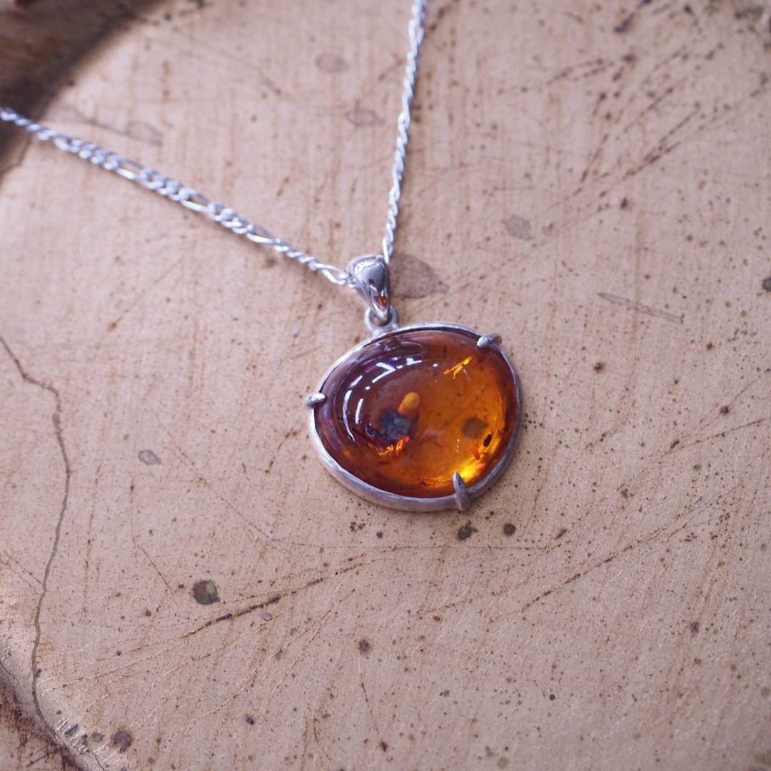 天然琥珀 俄罗斯产 Amber 手工纯银项链 含银链 - 项链 - 半宝石 橘色