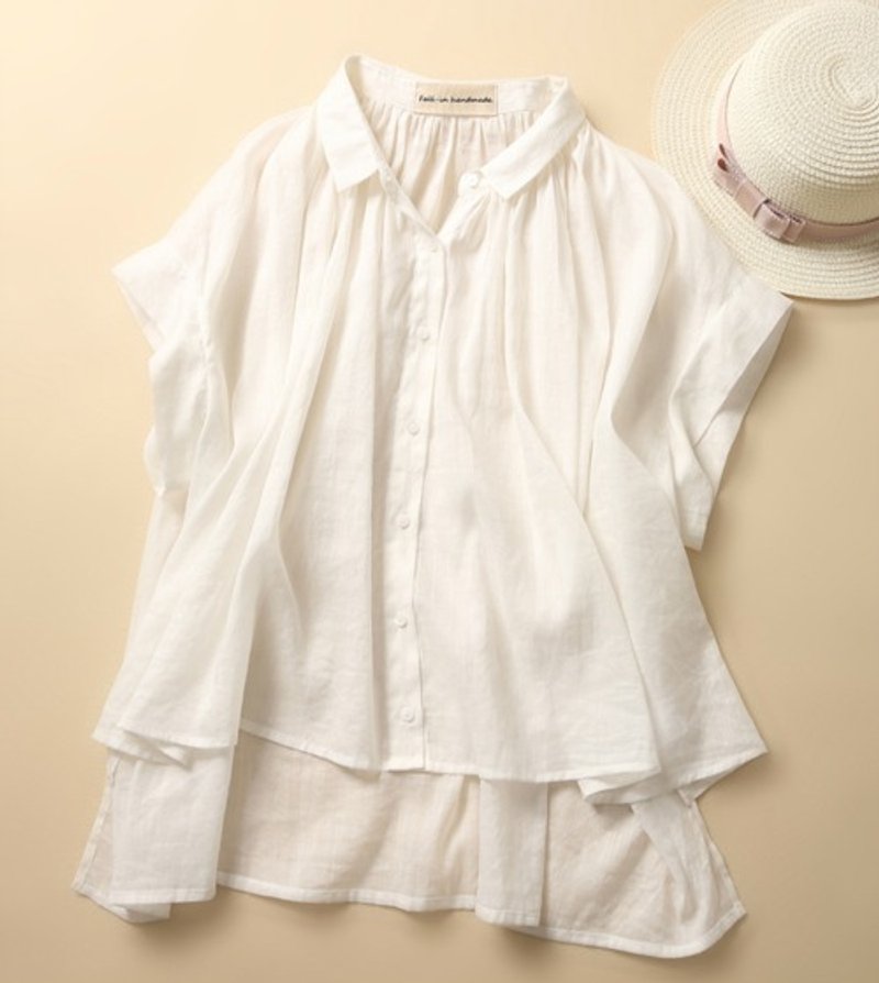 大人品味质感亚麻上衣 短袖 亚麻 抓皱 轻薄 素色 白色 190712-5 - 女装上衣 - 棉．麻 白色