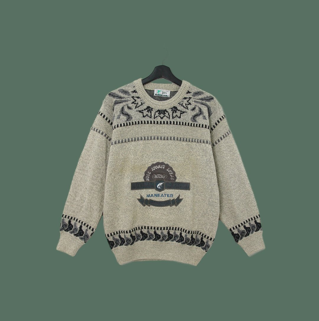 Back to Green-复古毛衣s-10海浪 旗鱼徽章 vintage sweater - 男装针织衫/毛衣 - 棉 