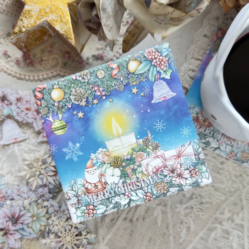 复古版-圣诞烛光 陶瓷晶透浮雕吸水杯垫-方型 交换礼物 - 杯垫 - 粘土 