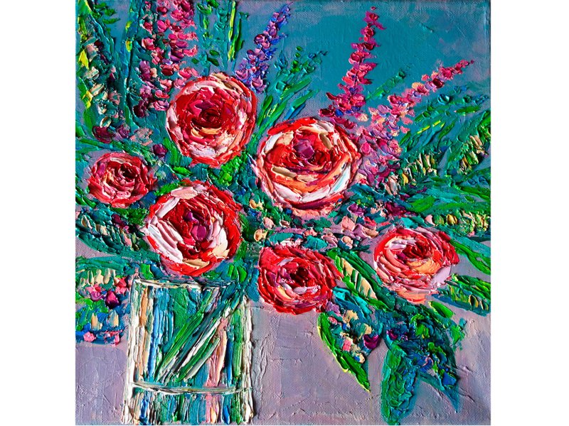 Flowers Painting Oil Abstract Floral Original Art Roses Impasto Artwork - 海报/装饰画/版画 - 其他材质 多色