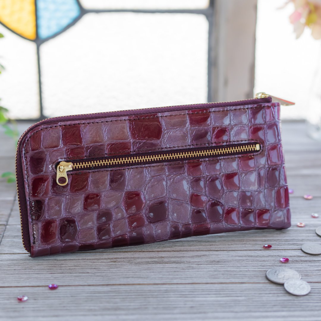 Made in Japan Cowhide L-shaped zippers Colored glass Dark purple Stained glass made in JAPAN handmade leather wallet - 皮夹/钱包 - 真皮 