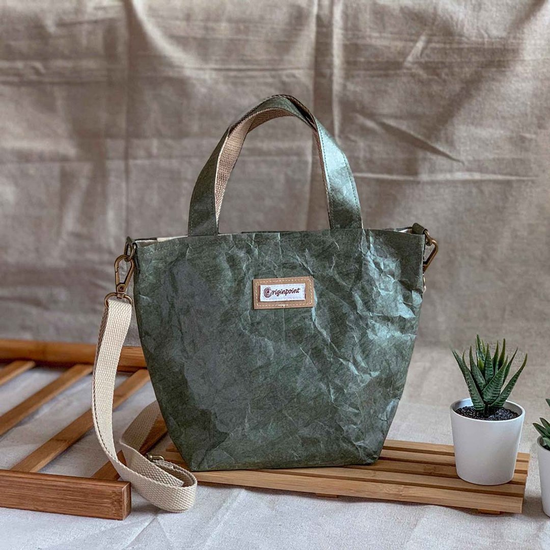 纸质感饭袋斜咩袋 Mini Tote 军绿 - 手提包/手提袋 - 纸 