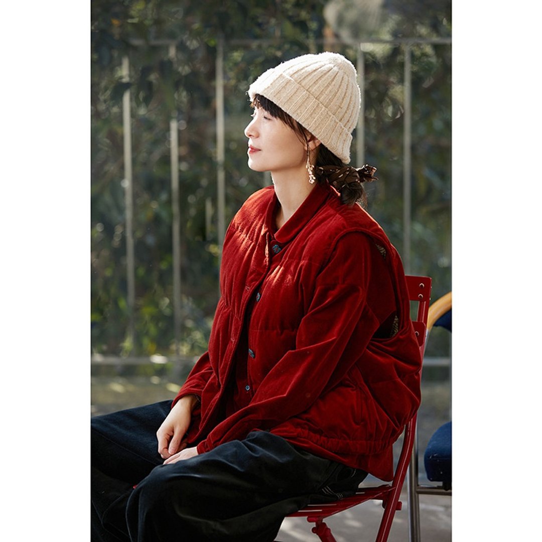 侯麦红平绒棉宽松保暖亲肤羽绒马甲 - 女装上衣 - 棉 