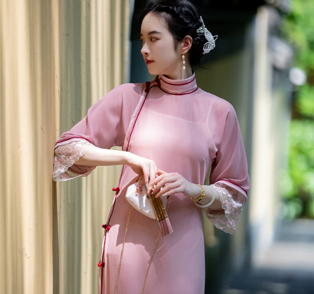 拂花拾月 新中式復古 倒大袖筒子领年轻古法旗袍 - 旗袍 - 聚酯纤维 粉红色