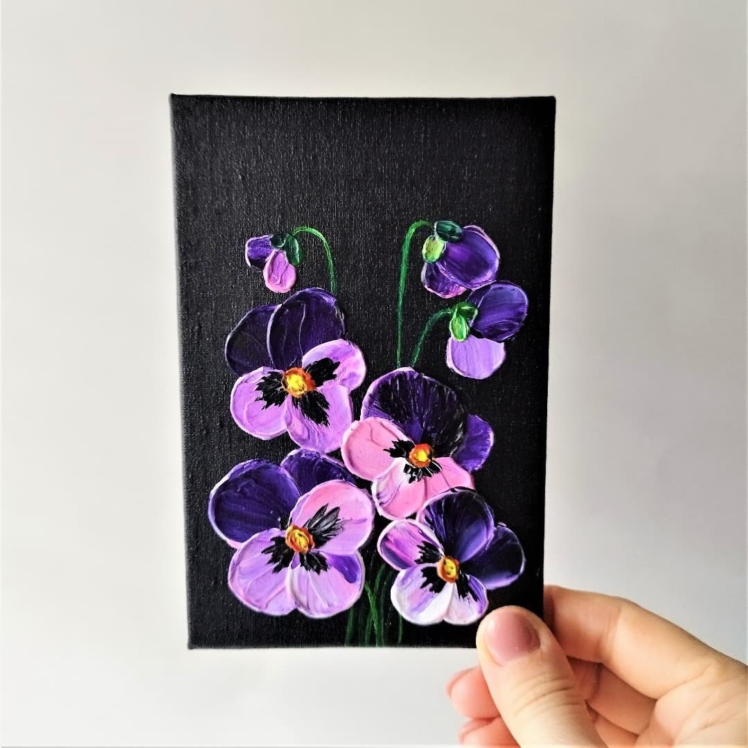 Small wall decor Purple flower painting canvas Painting pansies acrylic texture - 墙贴/壁贴 - 压克力 紫色