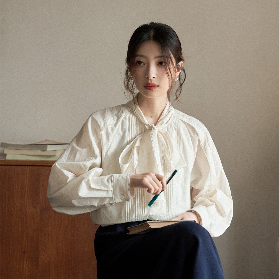 连领系带白衬衫|衬衫|春款|Sora-1434 - 女装衬衫 - 棉．麻 白色