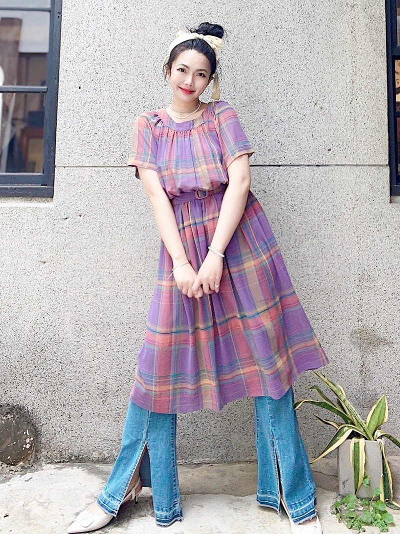 小春日和浅浅粉紫格纹透肤 长裙洋装连身裙古着ドレスDress - 洋装/连衣裙 - 聚酯纤维 多色