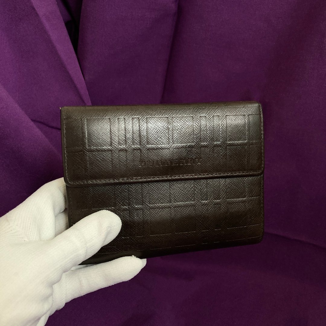 Burberry 经典格纹 打凸设计 旋转扣 古董皮夹 短夹 古董包 - 皮夹/钱包 - 真皮 咖啡色
