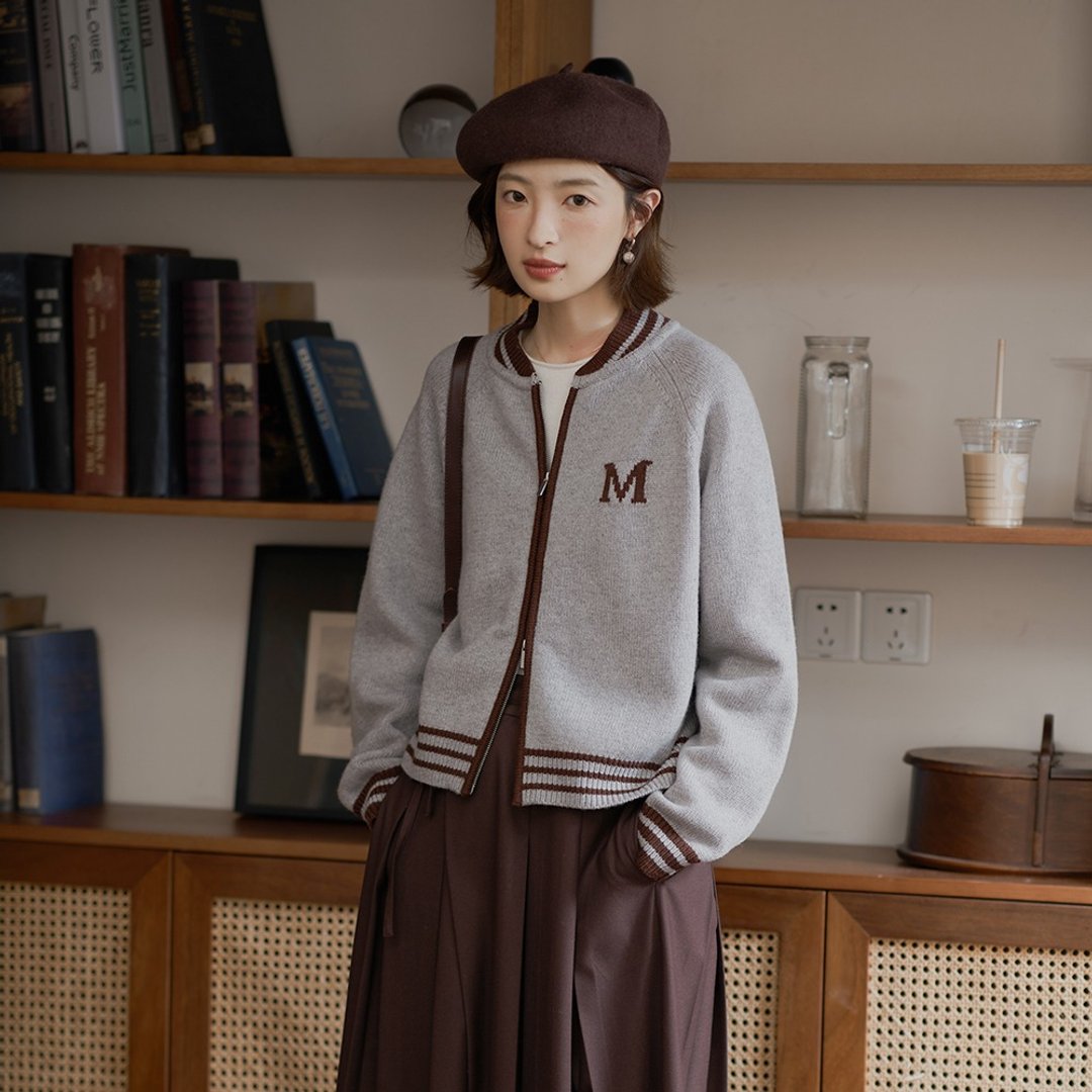 学院风拉链针织开衫|针织衫|两色|秋冬款|Sora-1344 - 女装针织衫/毛衣 - 羊毛 多色