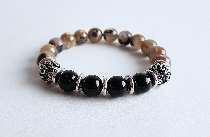 宝石系 金麟 天然矿石 钛晶母矿 黑玛瑙 925纯银 手链 - 手链/手环 - 宝石 金色