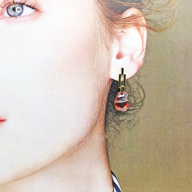 水晶耳环 纯银耳环 红色耳环 纯银镀金耳环 石头耳环 几何耳环 - 耳环/耳夹 - 纯银 红色