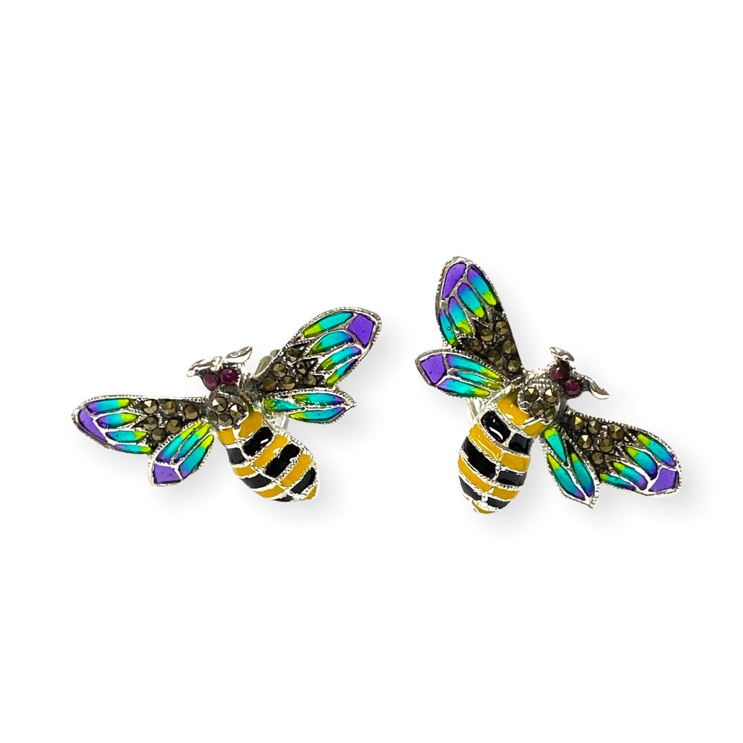 Art Nouveau Plique A Jour Bee with Ruby Cufflinks 925 Sterling Silver Mens Gift - 袖扣 - 纯银 