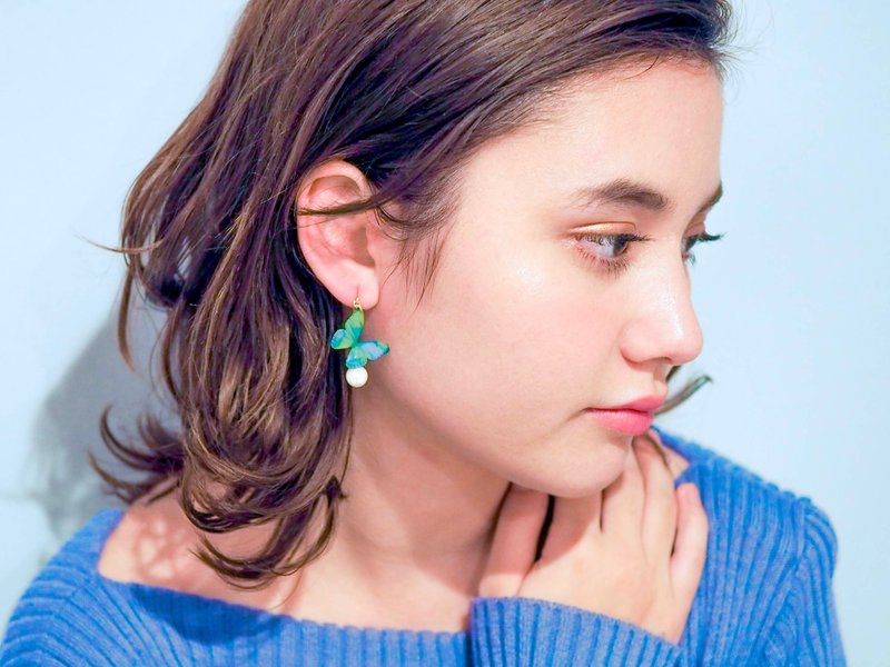 Bluegreen Butterfly Earrings With Pearl, Dainty 14k Gold Fill, BG03 - 耳环/耳夹 - 其他材质 绿色