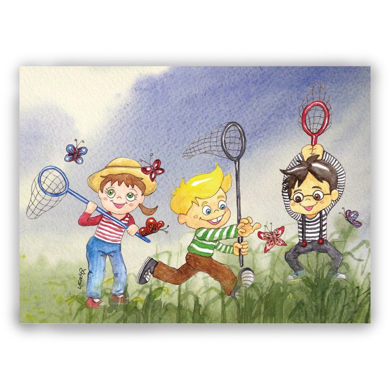 手绘插画万用卡/明信片/卡片/插画卡--捉蝴蝶 - 卡片/明信片 - 纸 