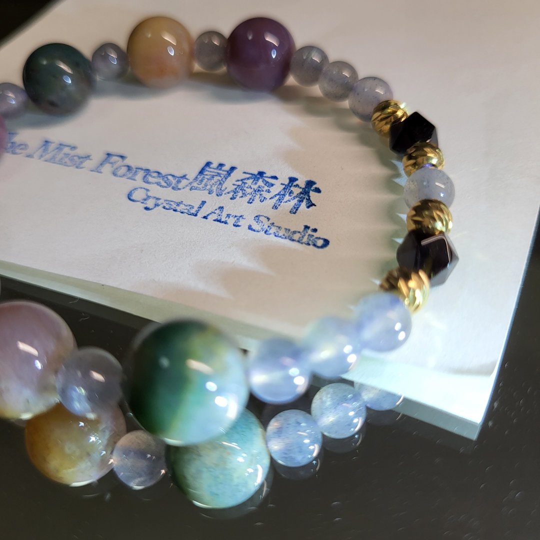 •温柔• 海洋碧玉×灰拉长 浪漫系设计款水晶手串 - 手链/手环 - 水晶 多色