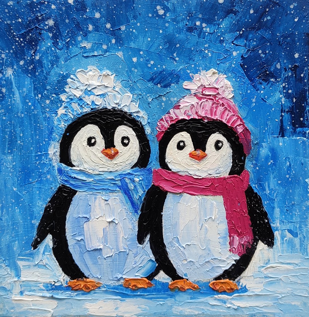 两只企鹅画原创雀墙艺术动物小艺术品，油画油画原作 - 海报/装饰画/版画 - 其他材质 多色