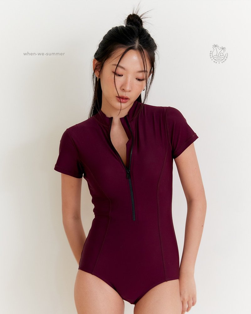 when.we.summer / Zipped Short / 酒红色连体泳衣 - 女装泳衣/比基尼 - 其他材质 紫色