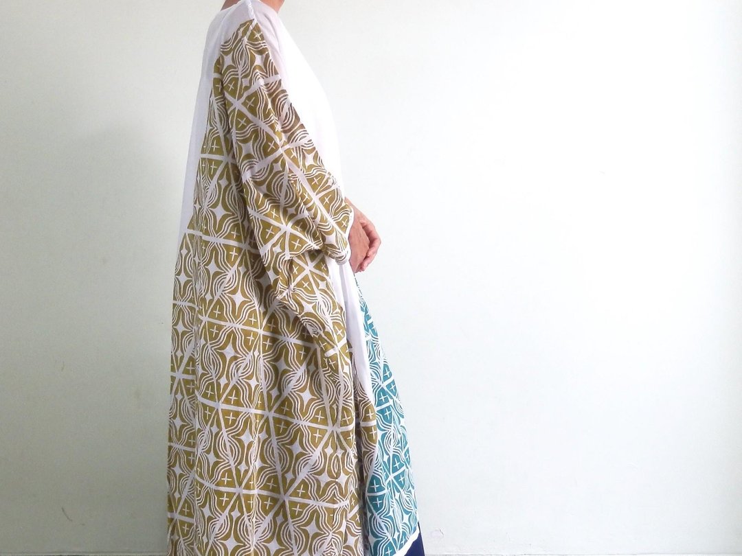 Big silhouette dress made from pattern with block print 3 - 洋装/连衣裙 - 棉 白色