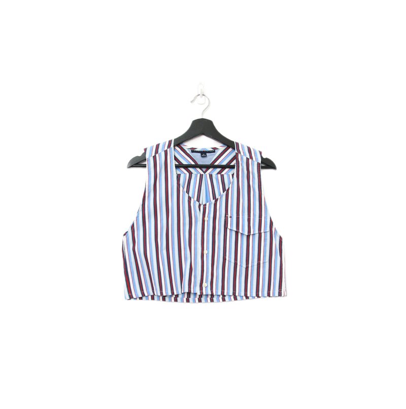 Back to Green-再制水洗丹宁条纹背心 蓝混红tt-03 vintage vest - 女装背心 - 棉．麻 