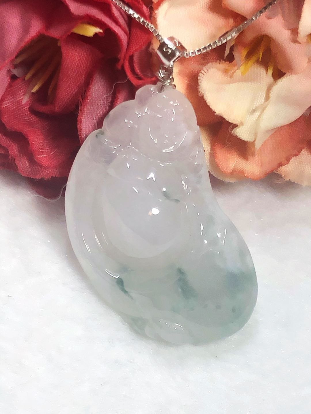 多宝晶石/天然翡翠A货随型弥勒佛/蓝花/布袋佛/佛公/细糯起冰 - 项链 - 玉石 透明