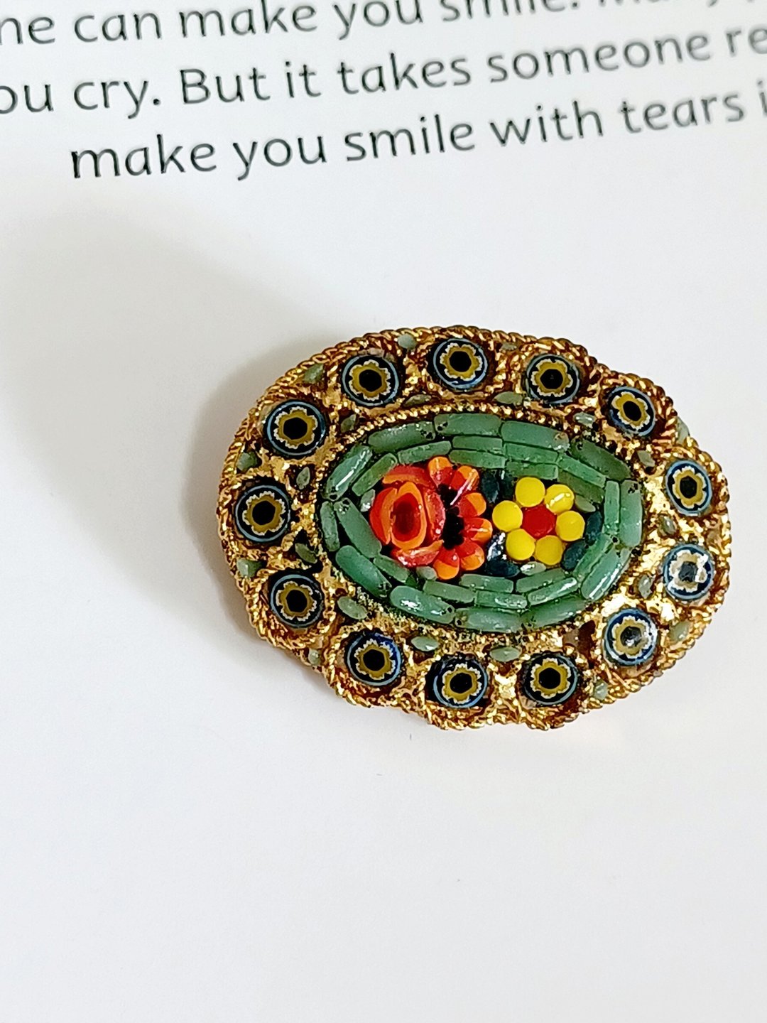 vintage jewelry ITALY 微型马赛克 花边湖绿底色花卉 别针 胸针 - 胸针 - 其他金属 