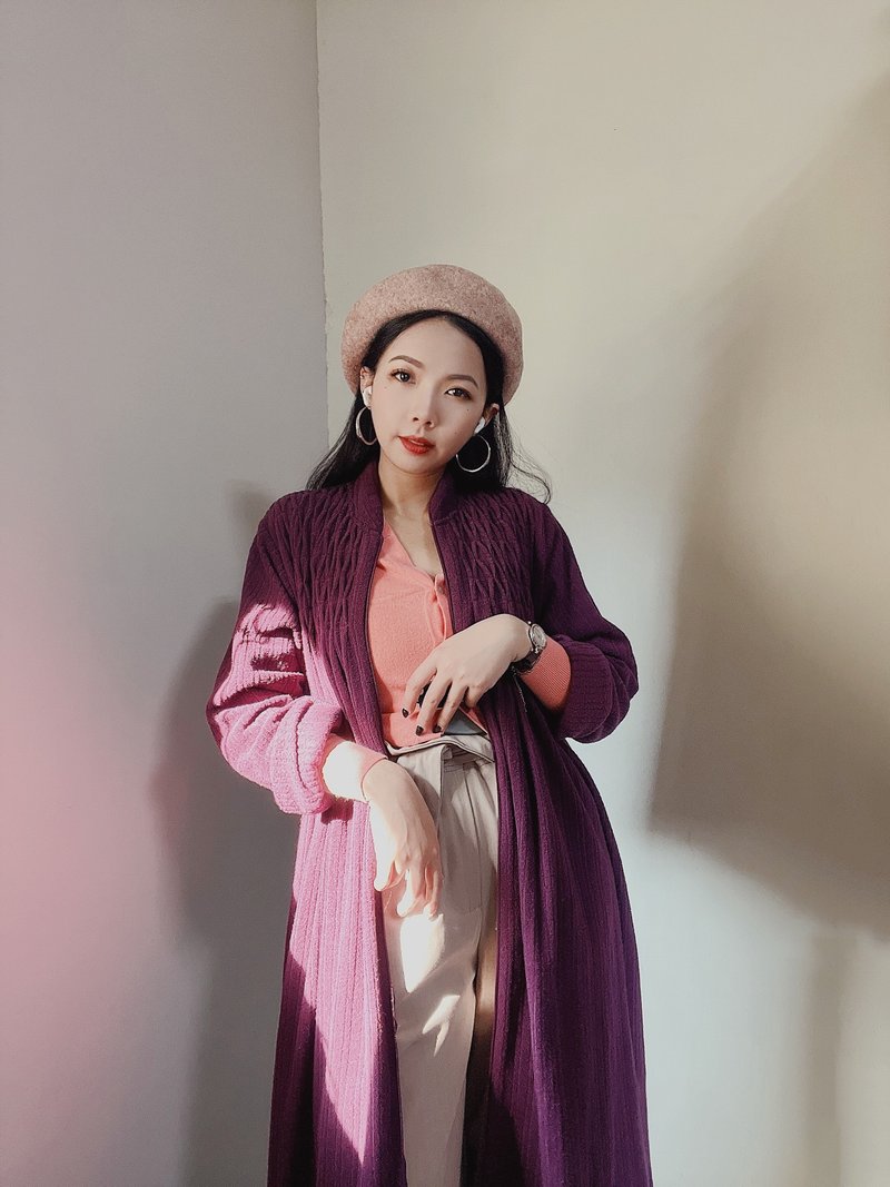 紫罗兰皱折压纹 古董薄质拉链夹克长版风衣外套 dustcoat jacket - 女装休闲/机能外套 - 棉 紫色