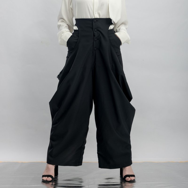 INF 假两件腰镂空垂坠印花宽裤 / 黑 - 女装长裤 - 聚酯纤维 黑色