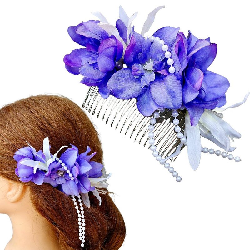 紫色花朵与珍珠发饰．和风发饰．新娘发饰．和服发饰．人造花发饰．梳式发夹 - 发饰 - 其他材质 紫色