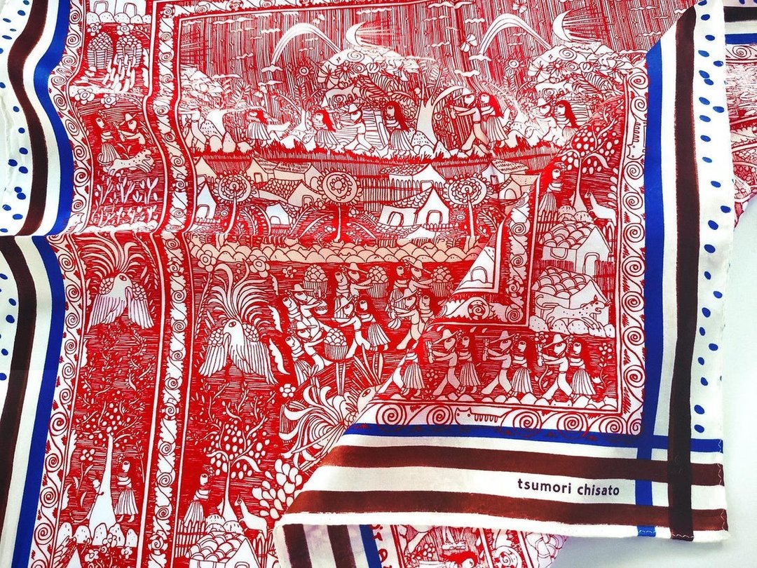 古着 Tsumori Chisato 丝巾 - 插画农夫图纹风格 (23 英寸) - 丝巾 - 棉 红色