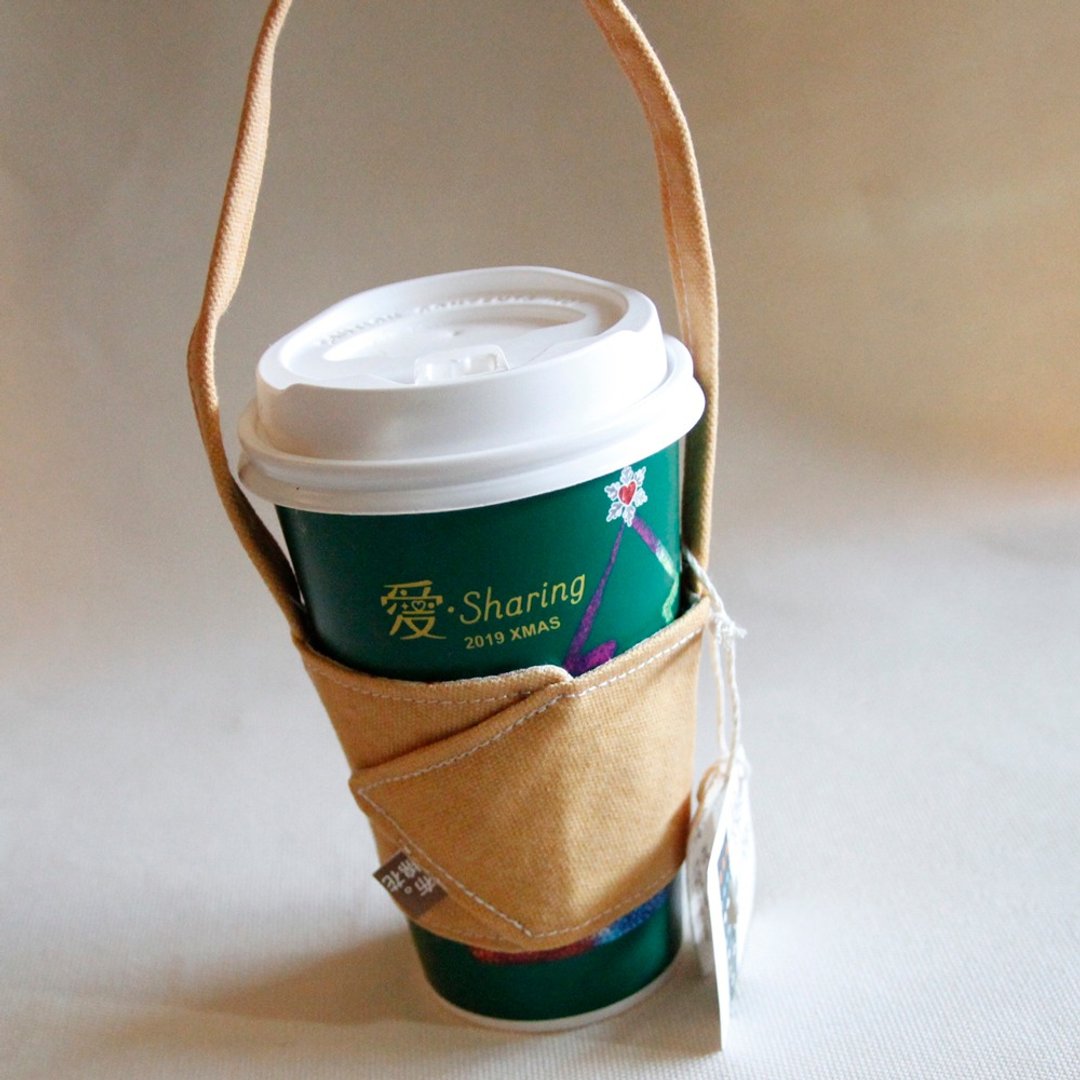 环保手提杯套, 黄色, 红色, 橘色帆布, 复古窗花 - 随行杯提袋/水壶袋 - 棉 黄色