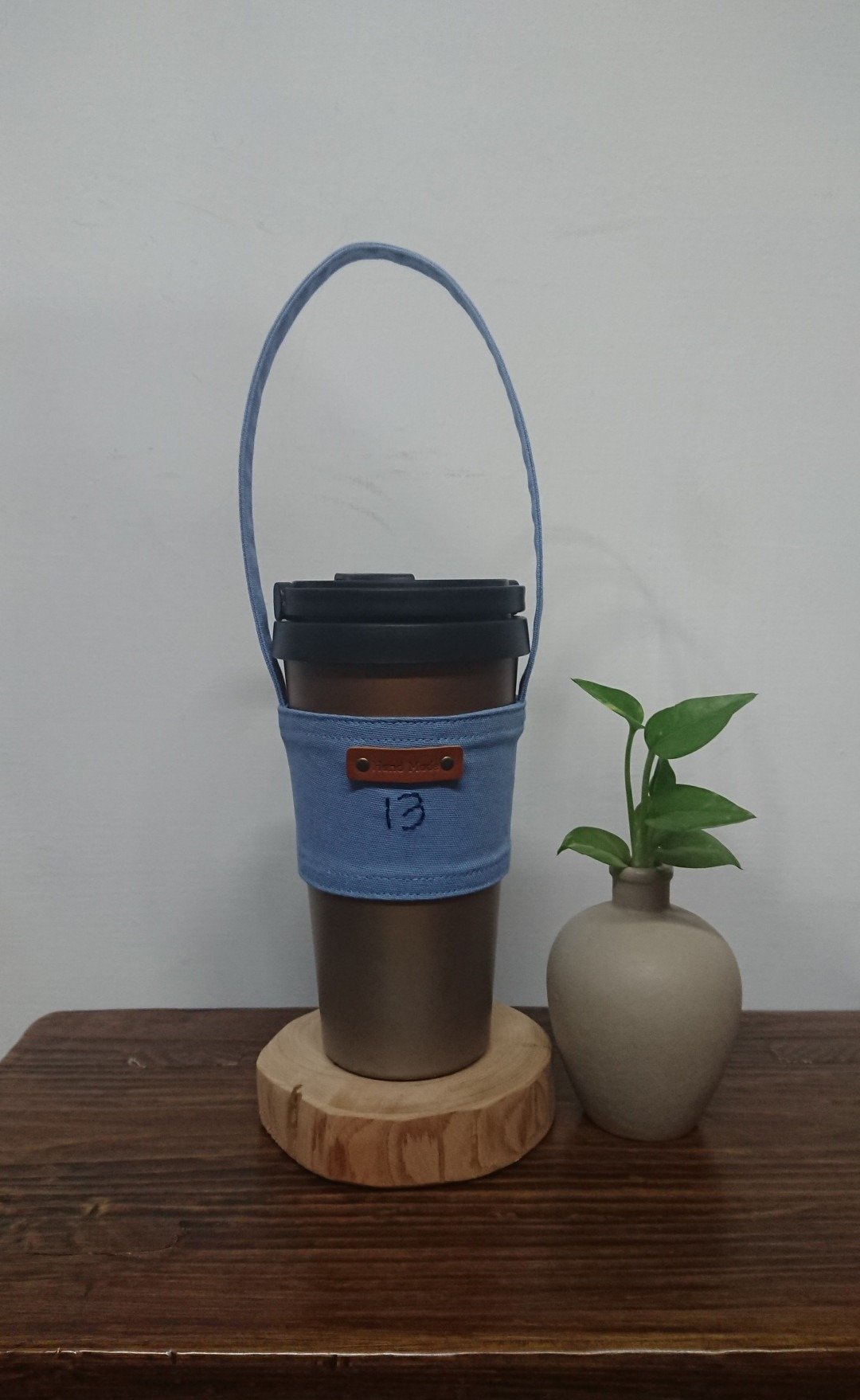 定制化手绣字饮料袋天蓝布 - 随行杯提袋/水壶袋 - 棉 绿色