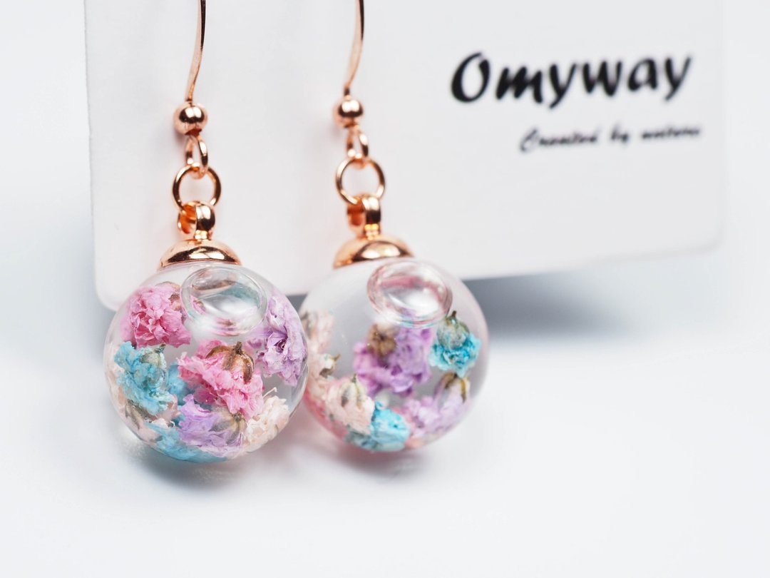 爱家作-OMYWAY 4色满天星干花浮游玻璃球玫瑰金色耳环耳夹1.4cm - 颈链 - 玻璃 白色