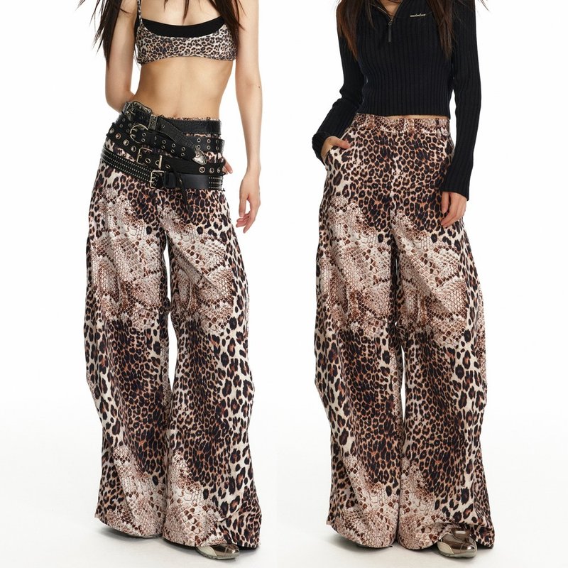 【蛇紋印花】闊腿褲高腰顯瘦垂感降落傘褲 - 女装长裤 - 聚酯纤维 橘色