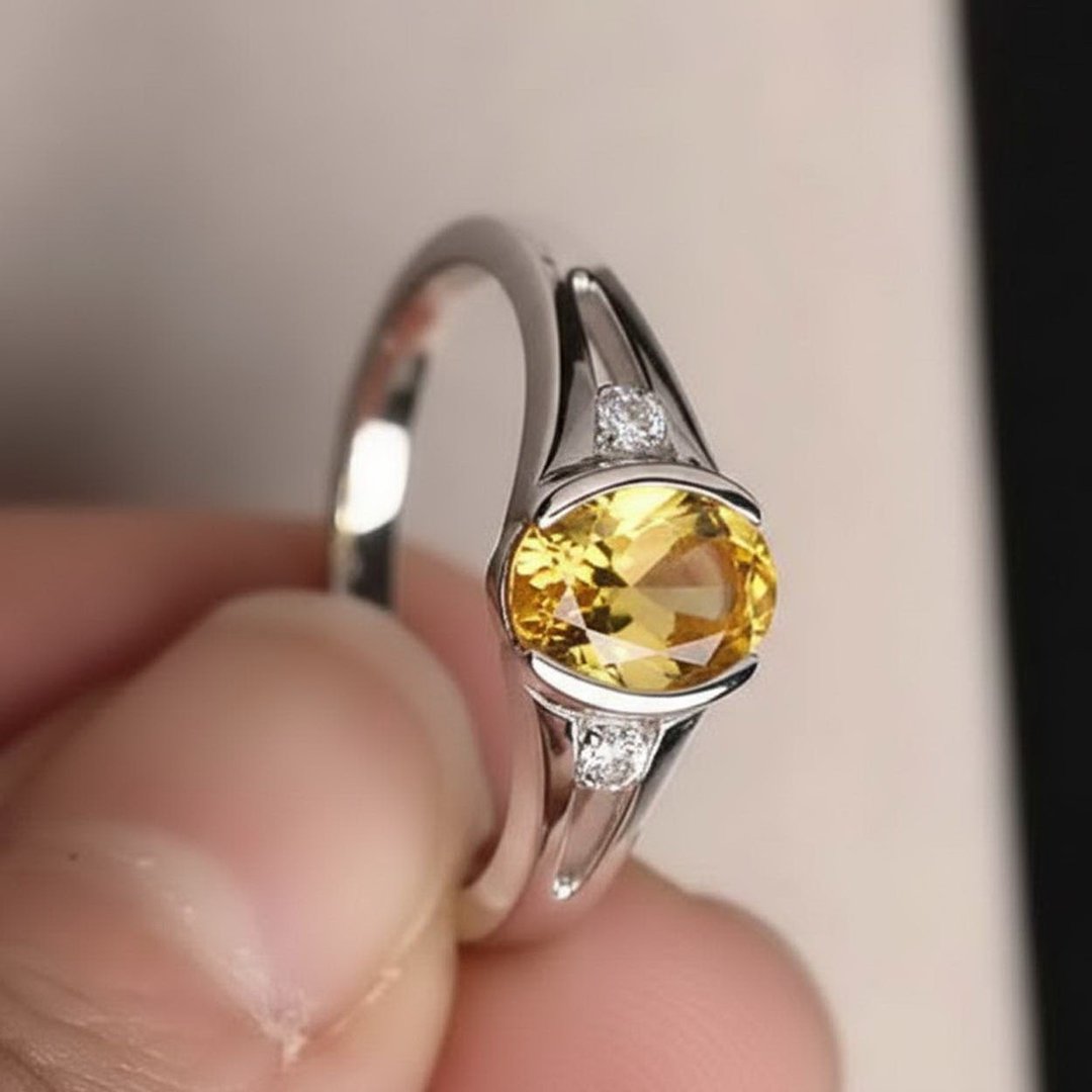 黄红色刚玉银戒指 8.5 x 6.5 mm 婚戒或生日戒指 - 戒指 - 纯银 红色