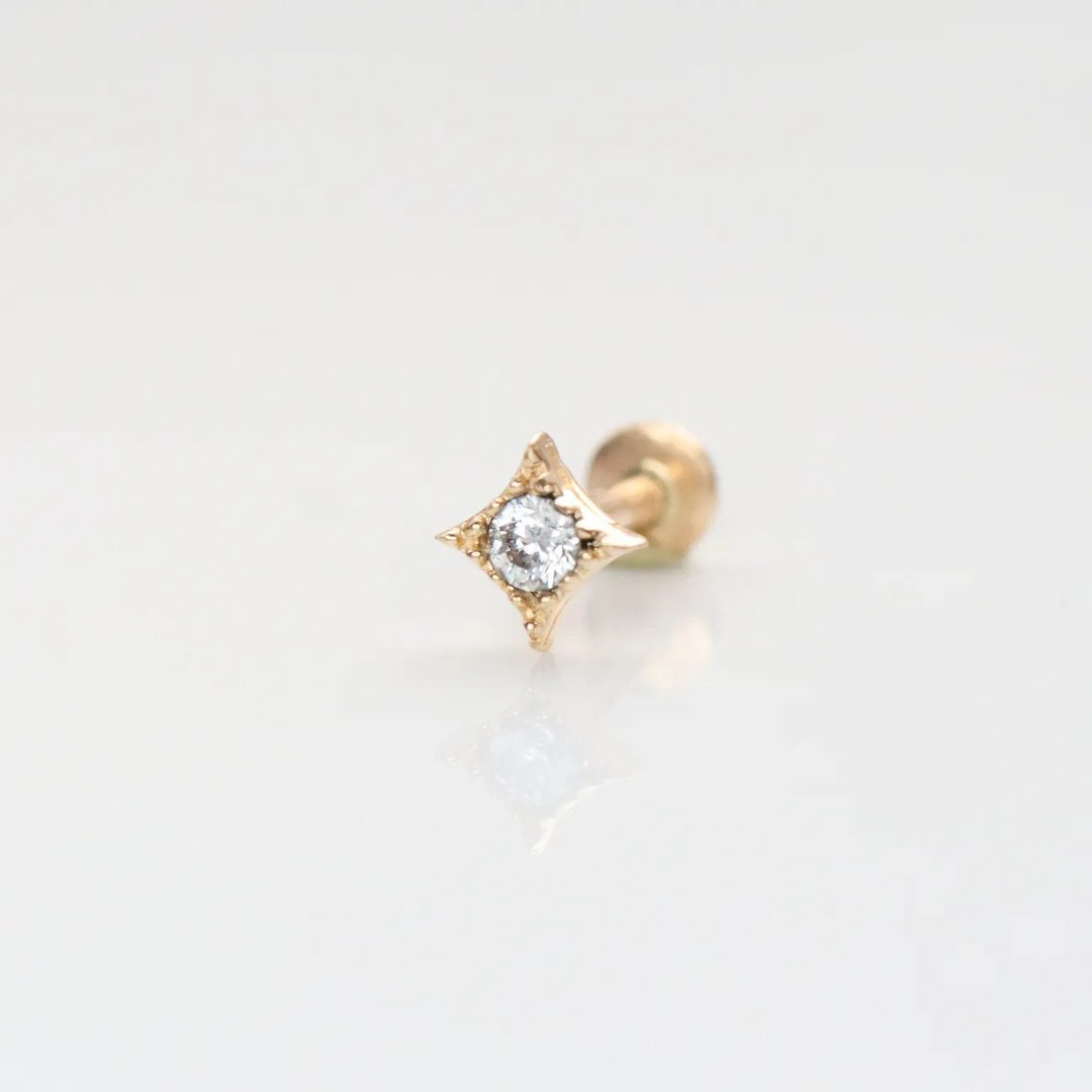 14K 星芒钻锁珠耳环 (前锁 平底 圆饼) _ PL2581 (单个)耳骨 耳窝 - 耳环/耳夹 - 贵金属 金色