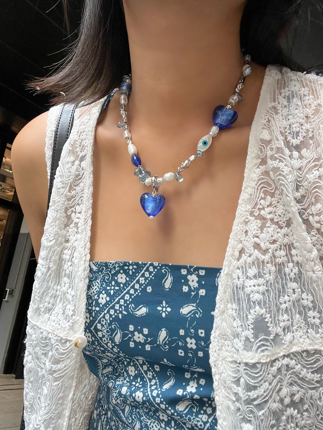 未来科幻感 蓝心与恶魔之眼 银色熔岩 淡水珍珠 颈链 CHOKER - 锁骨链 - 珍珠 蓝色