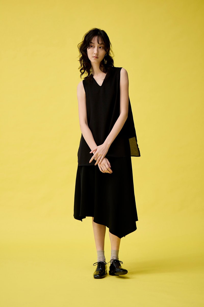 两件式V领绑带背心 - 女装背心 - 其他人造纤维 黑色